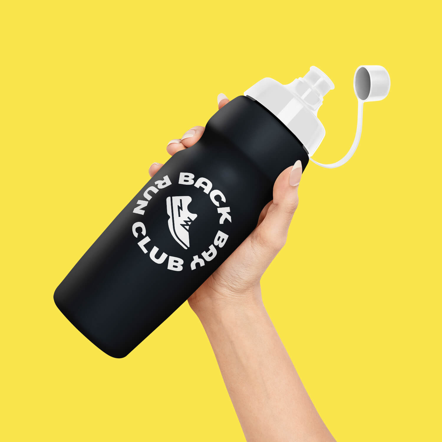 Black water bottle featuring a white circular Back Bay Run Club badge