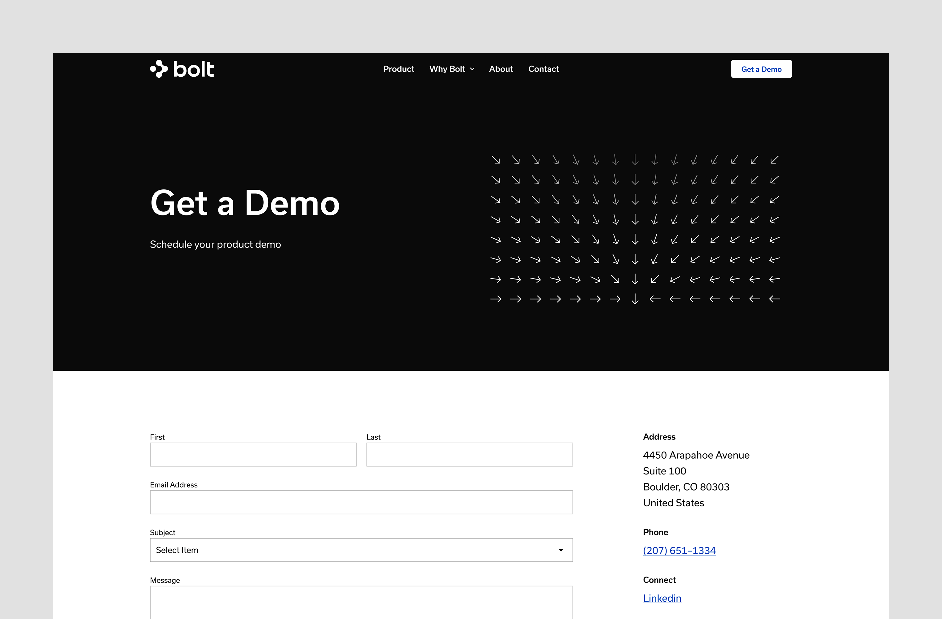 Desktop 'Demo' page for the Bolt website