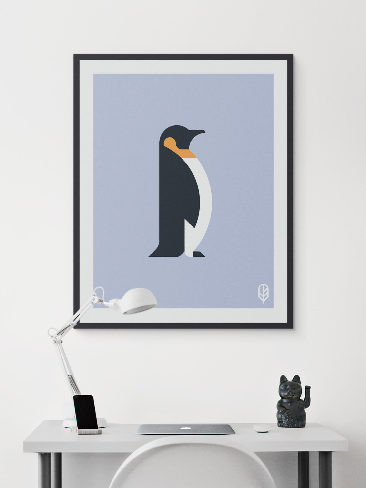 Framed Flock Together print displaying the illustration of a penguin on the wall of a modern apartment