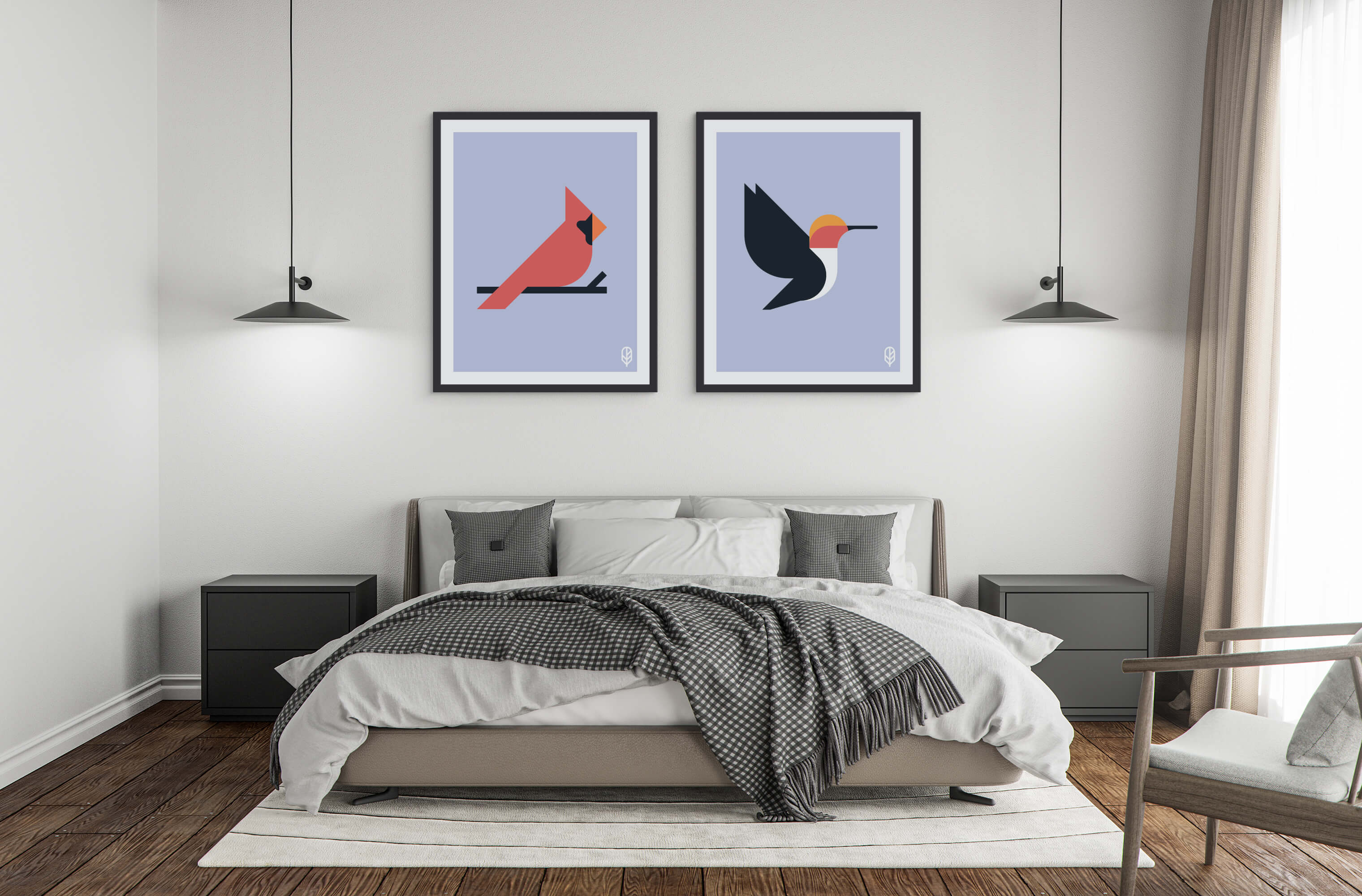 Two framed Flock Together prints displaying the illustrations of a cardinal and a hummingbird on the wall of a modern apartment