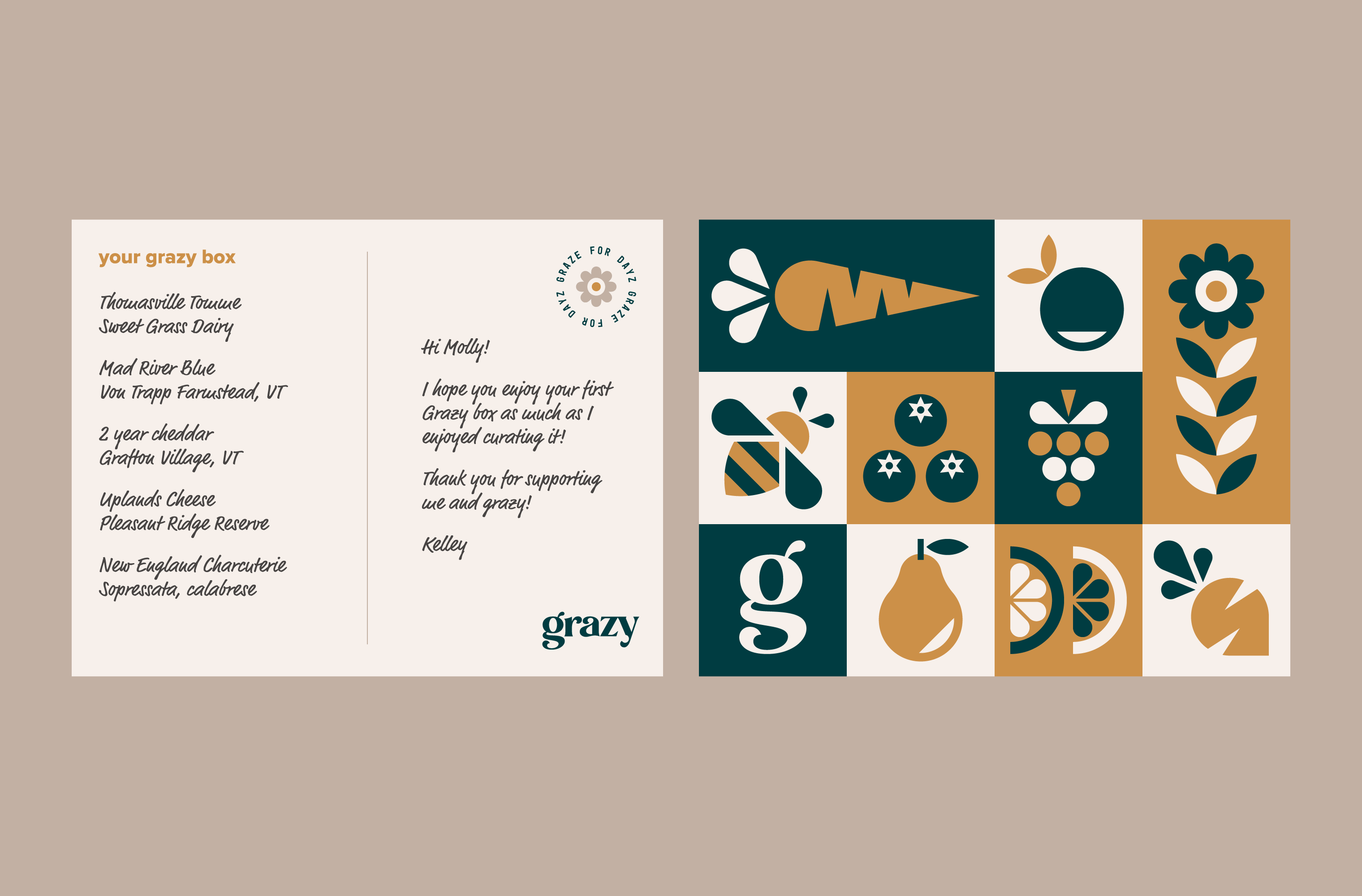 Front and back of the Grazy notecard that describes the box ingredients