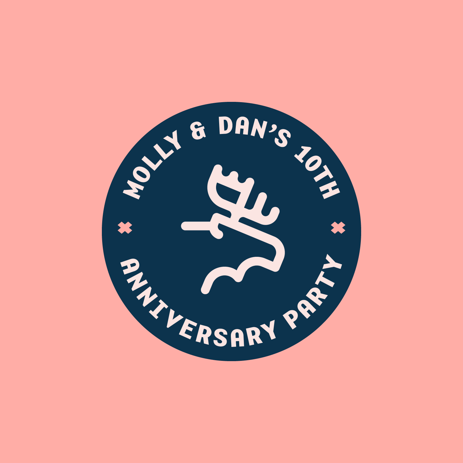 Badge design displaying the moose symbol and 'Molly & Dan 10th Anniverary Party' text