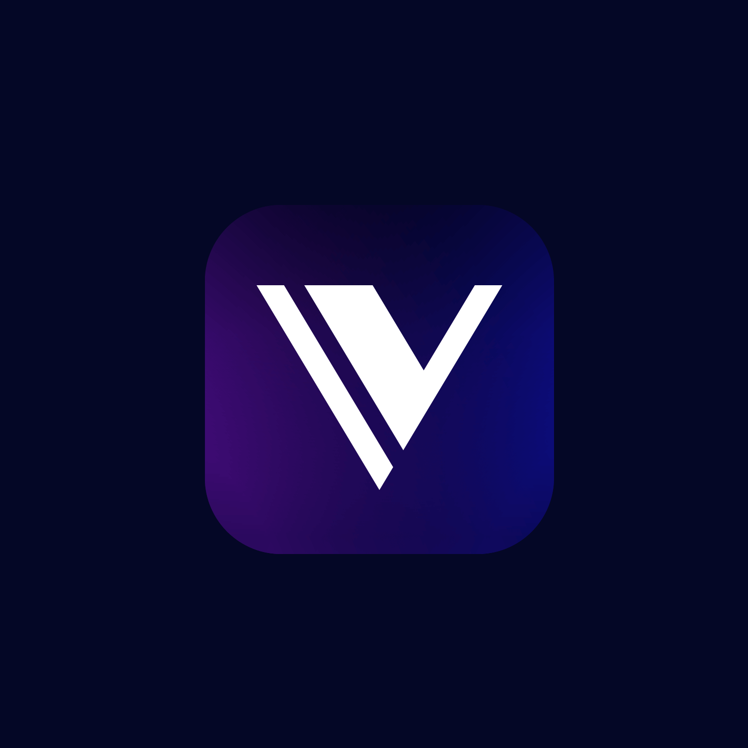White V monogram on a deep purple and blue gradient app icon with a navy background