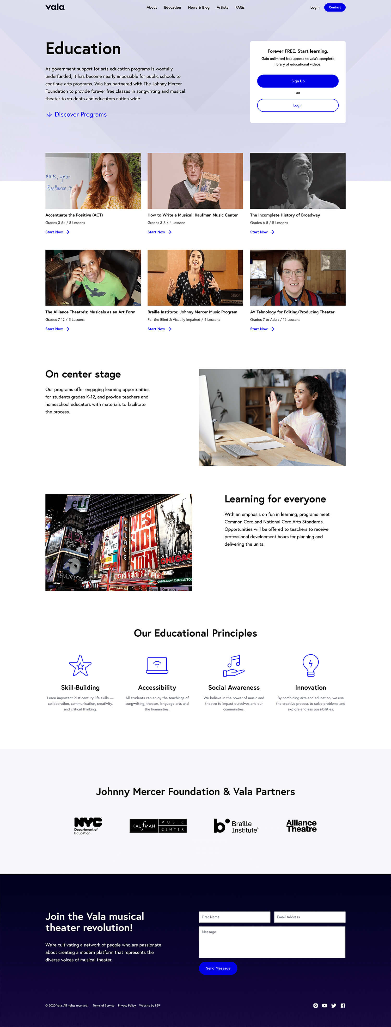 Desktop 'Education' landing page for the Vala website