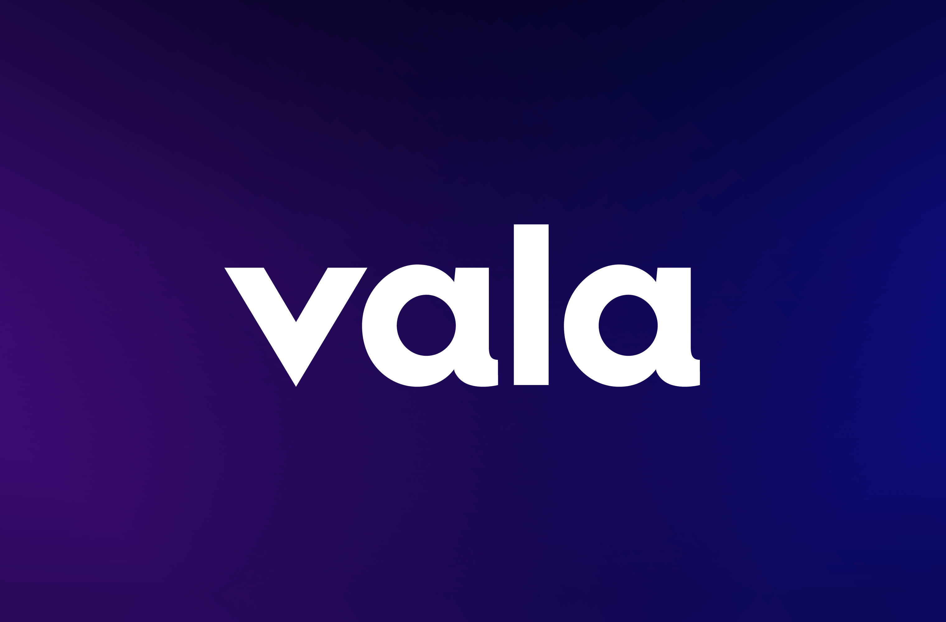 White Vala wordmark on a deep purple and blue gradient background