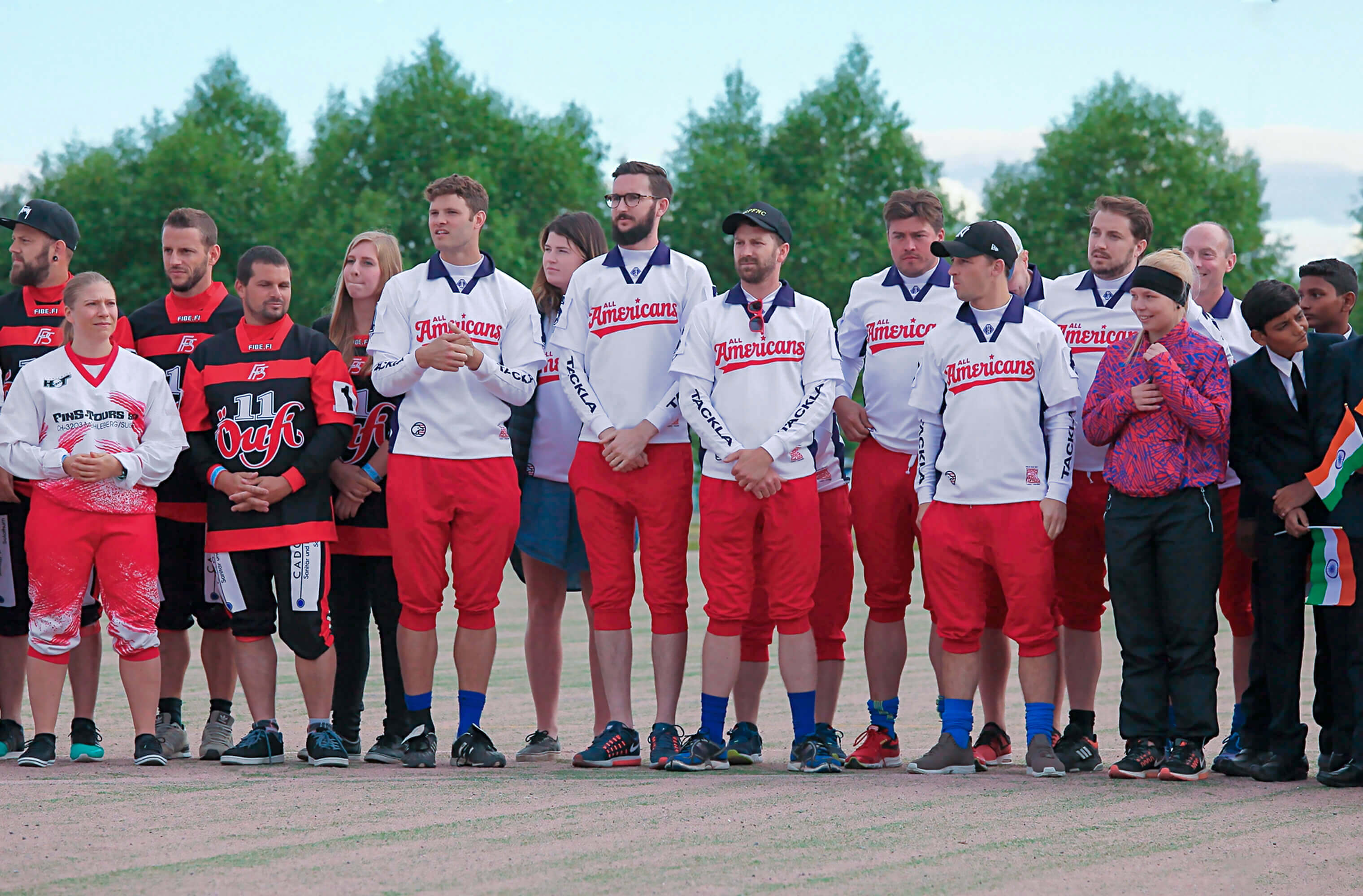 All Americans team lined up in uniform at the Pesäpallo World Cup opening ceremony