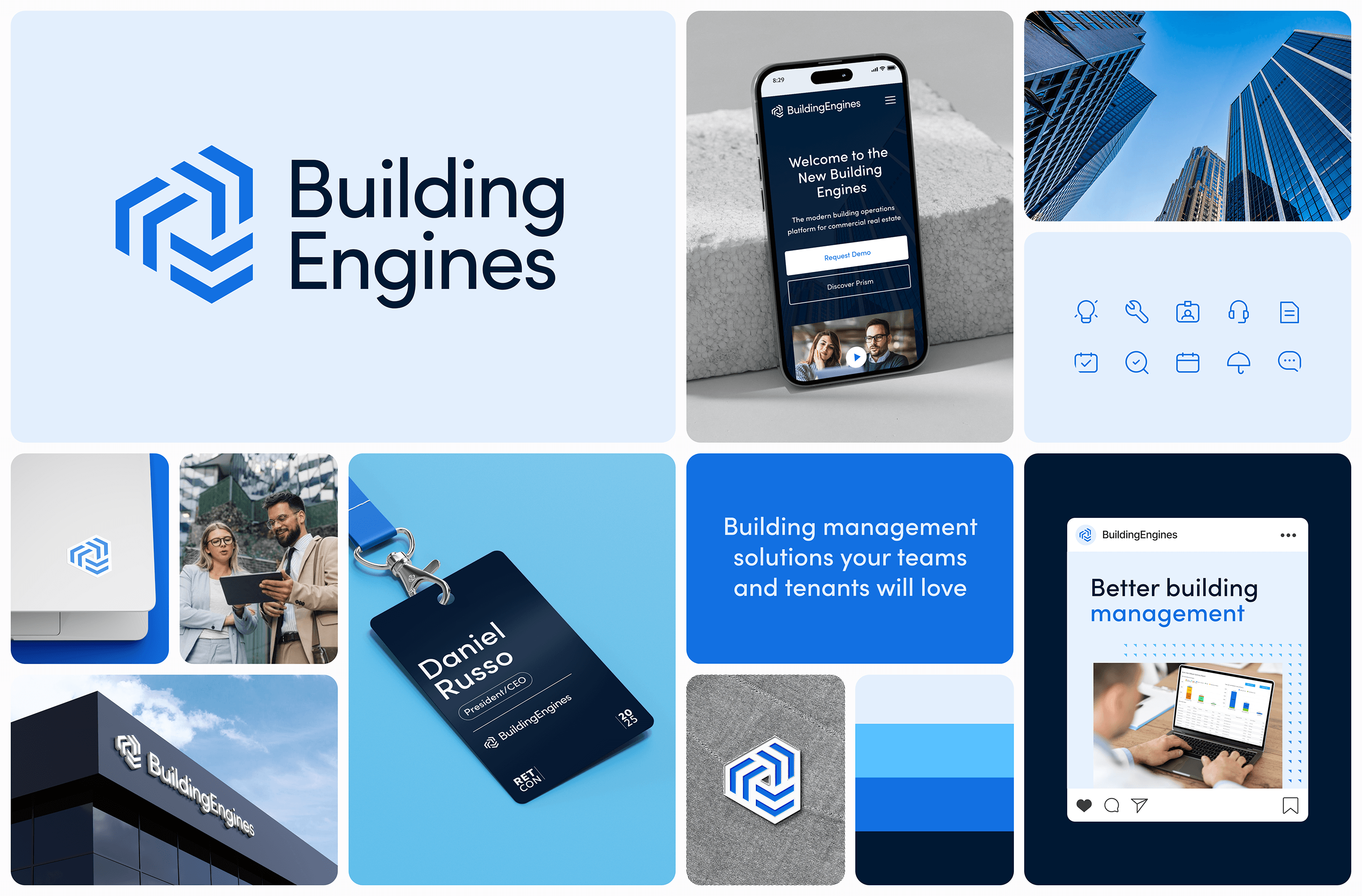 A bento layout of Building Engines brand applications including the website, mobile app, signage, apparel, iconography and social posts