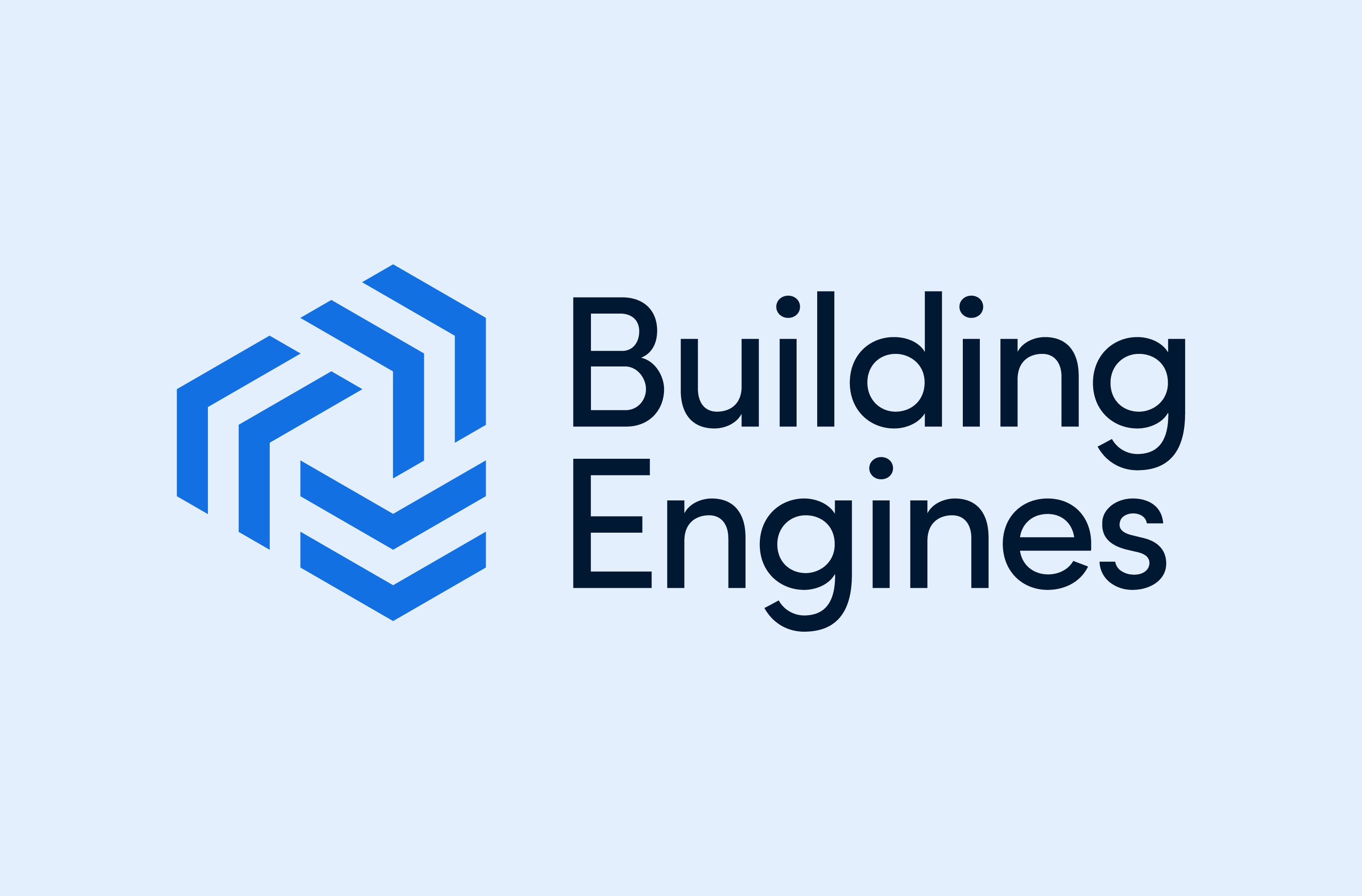 Blue and navy Building Engines logo with an abstract 3D engine symbol on a light blue background
