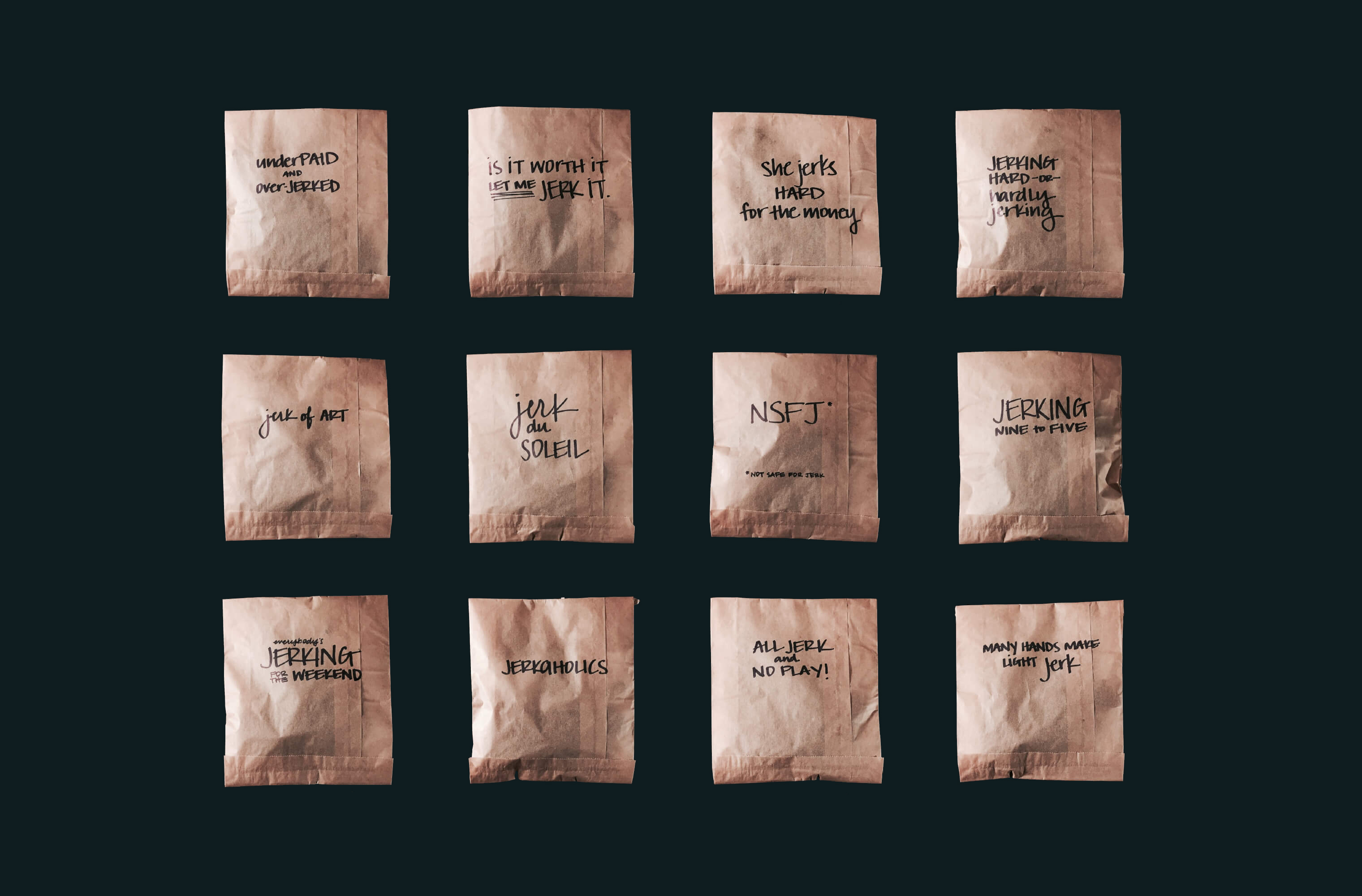 A grid of brown paper beef jerky bags hand-lettered with playful puns on a dark background