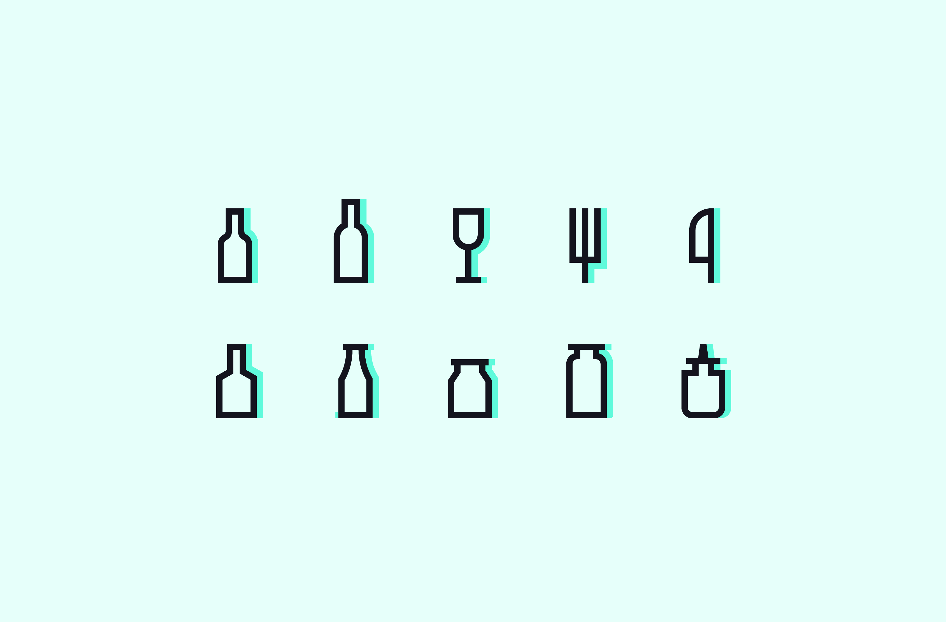 Charcoal Condiments Club icon set of bottles, jars and utensils with a mint green offset on a light mint background