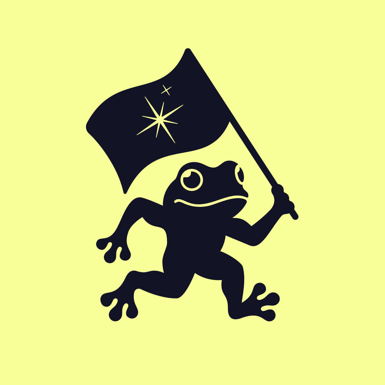 Black DALI RC frog running with a sparkle flag on a yellow background