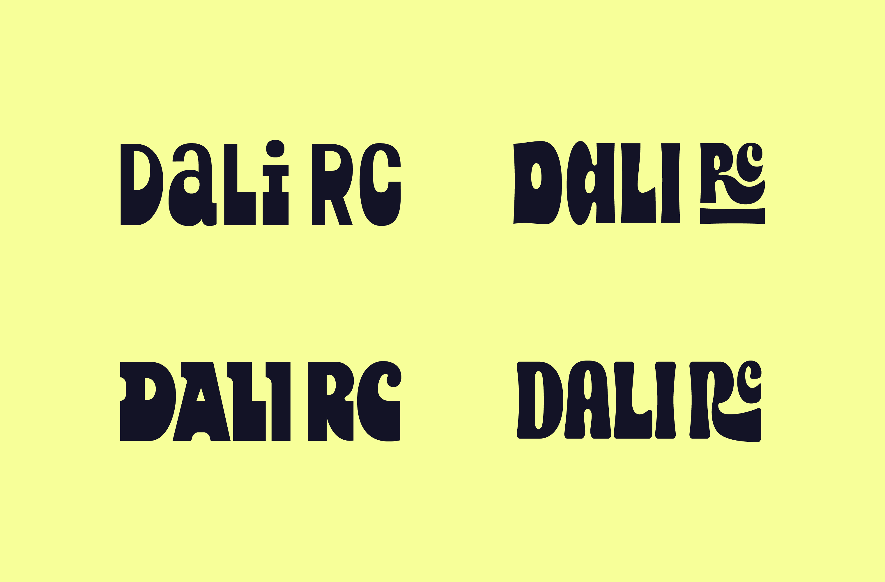 Four alternate DALI RC wordmark directions in black on a yellow background