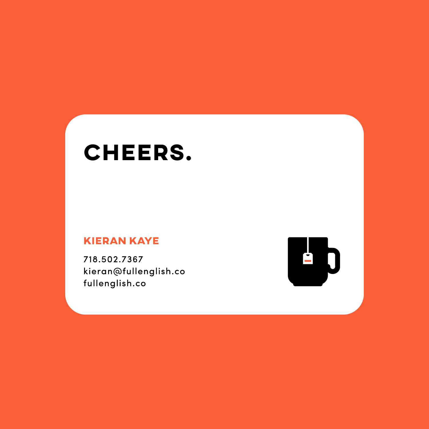 Full English business cards for Kieran Kaye on an orange background