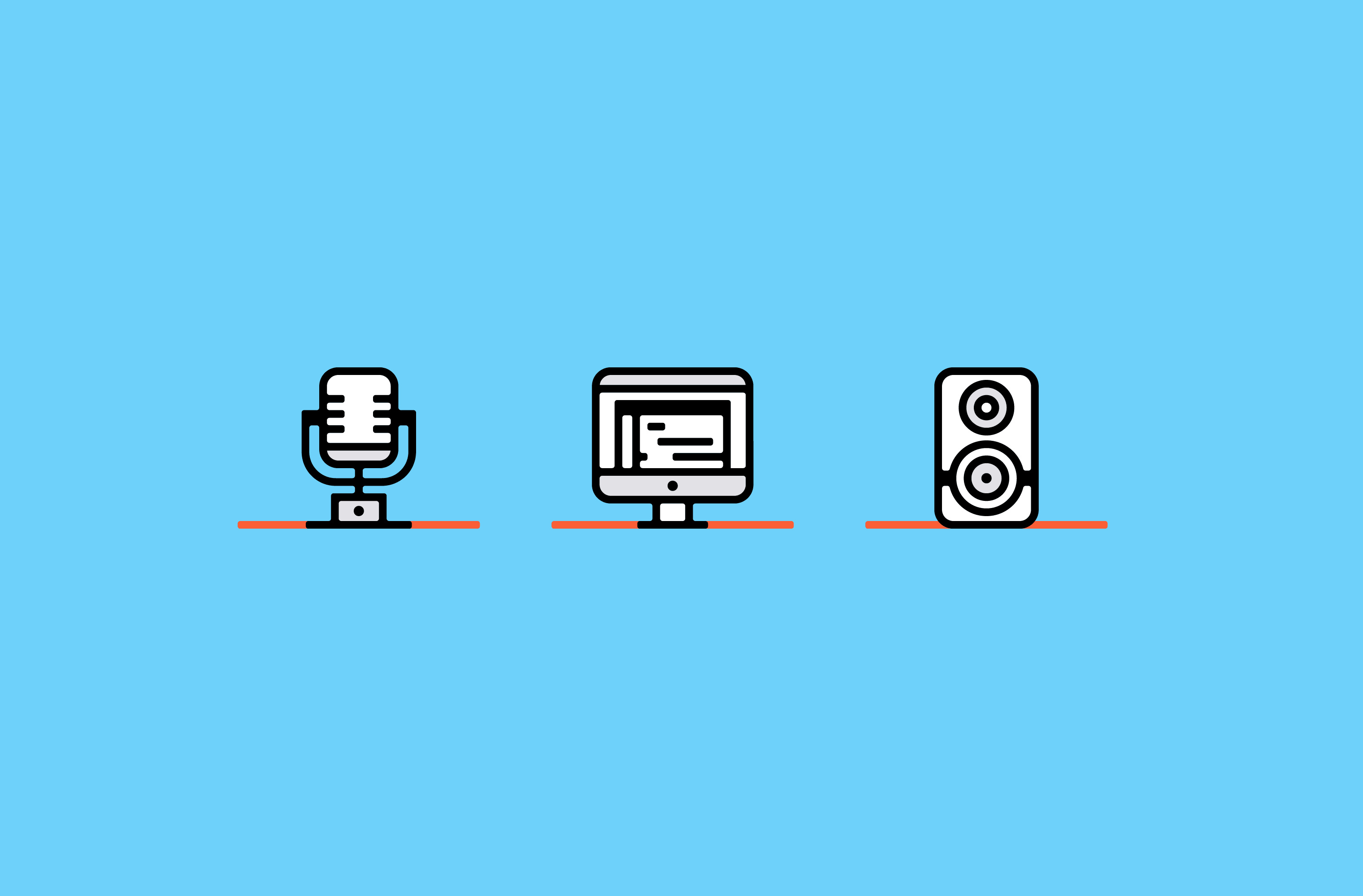 Full English icons for recording, sound design, and mixing on a sky blue background