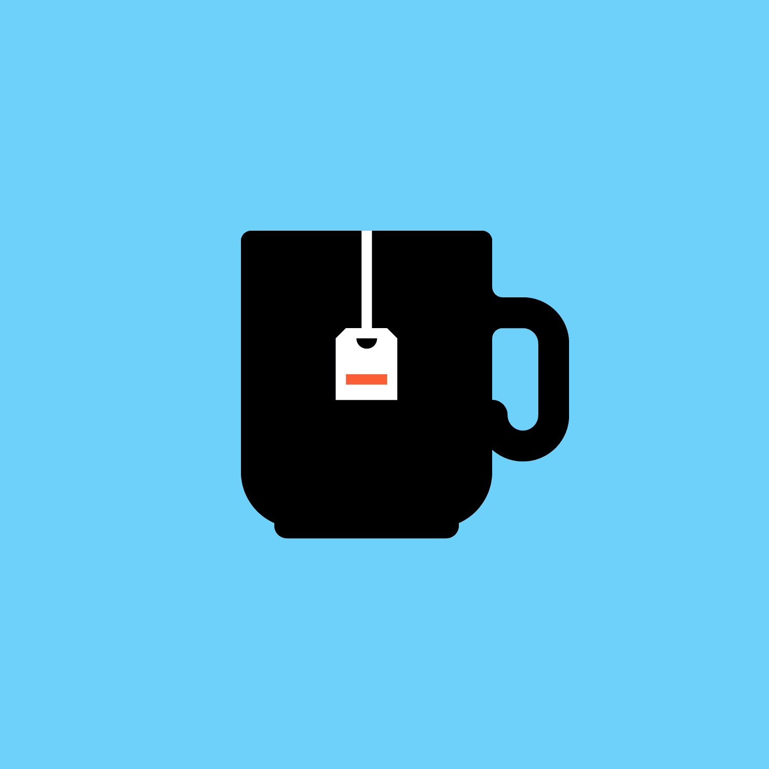 Animated black Full English mug-and-teabag icon on a sky blue background