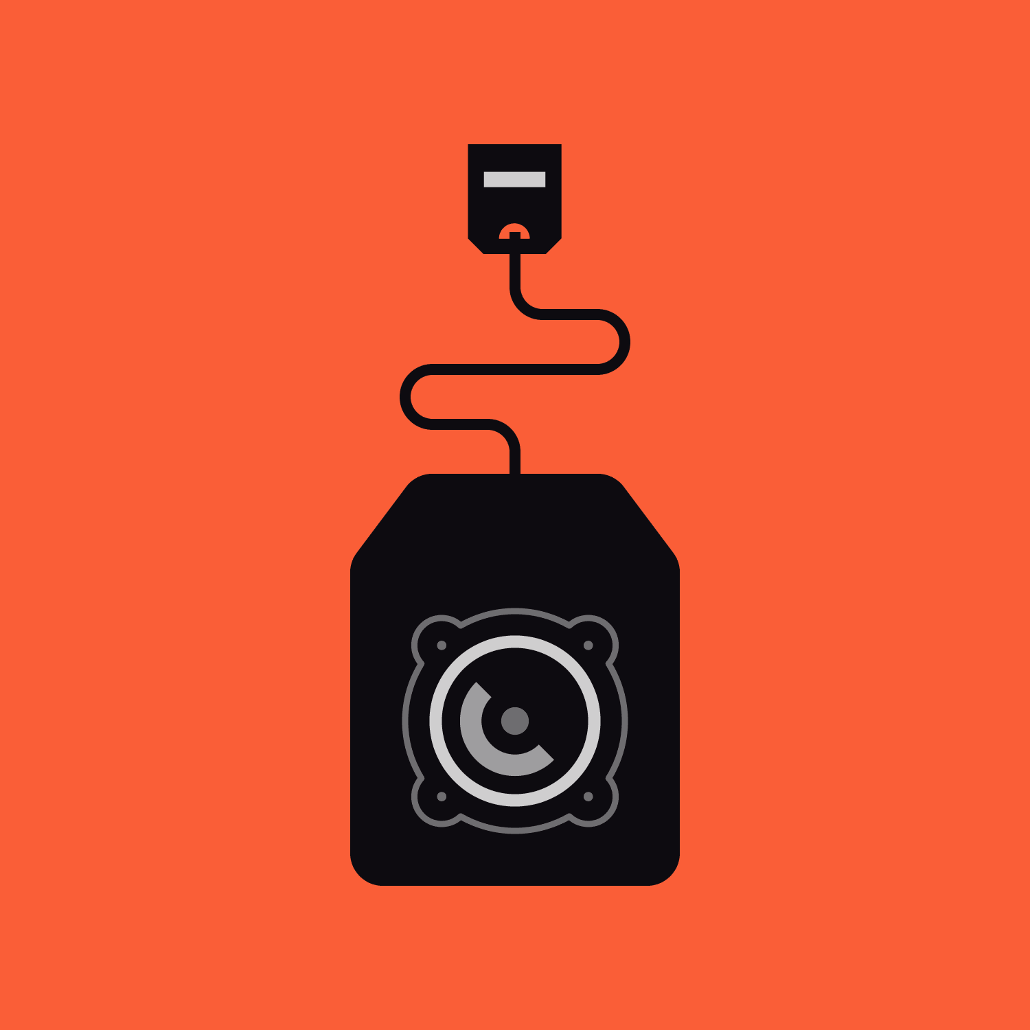 Black Full English teabag-and-speaker mark on an orange background