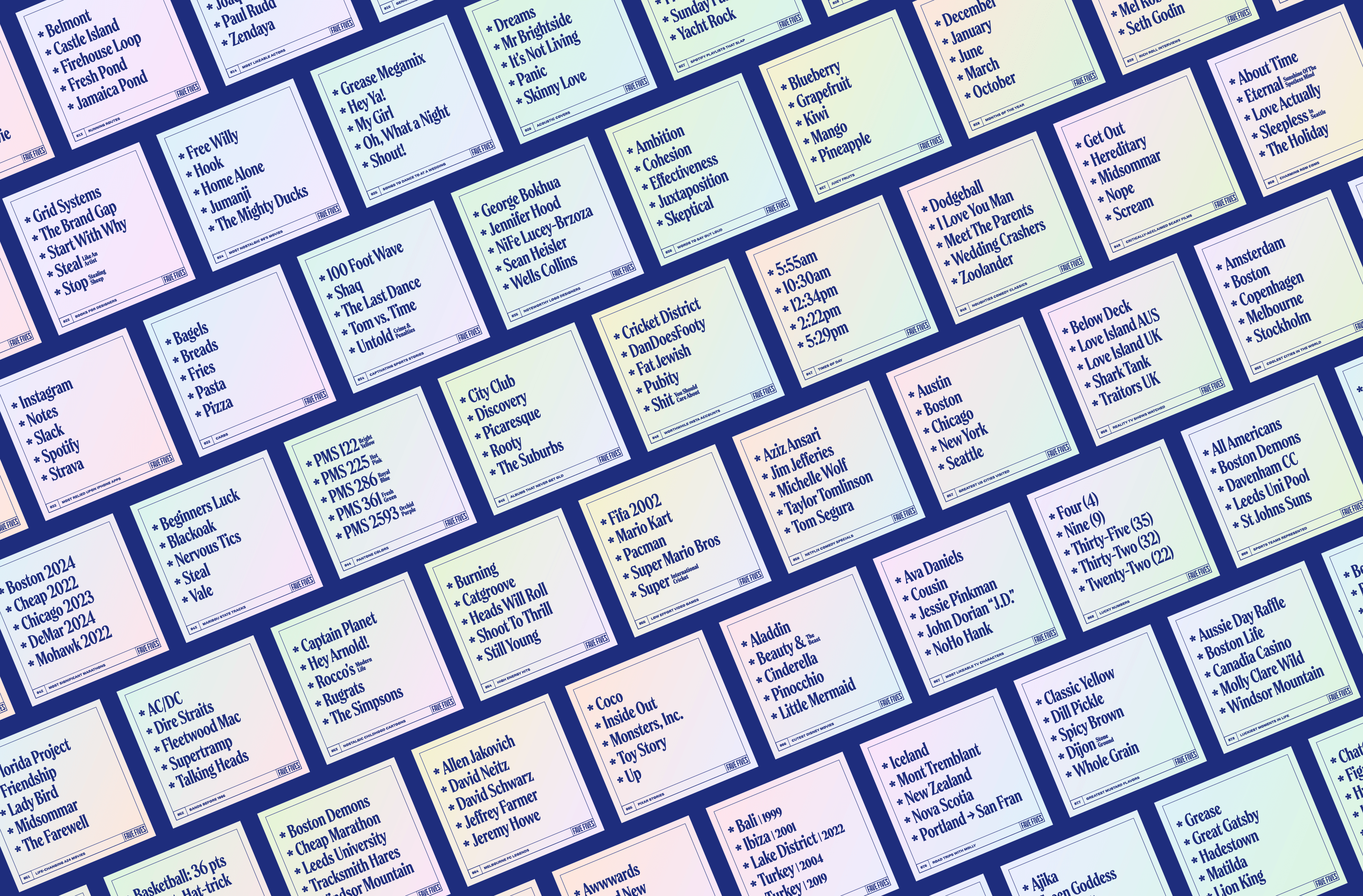 A tilted grid of Fave Fives gradient list cards