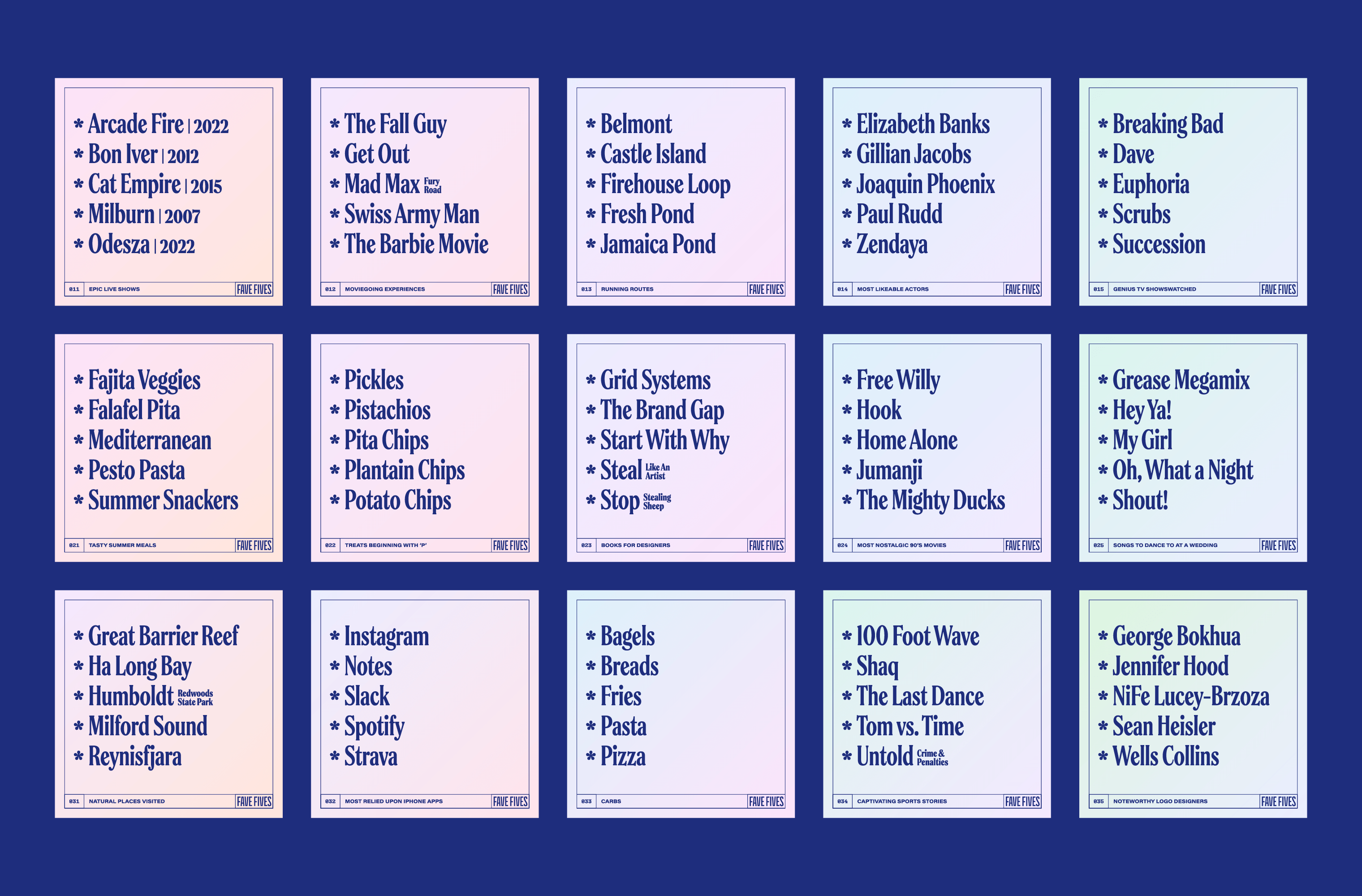 A grid of fifteen Fave Fives list cards, each with five picks and a numbered category label, on a navy background
