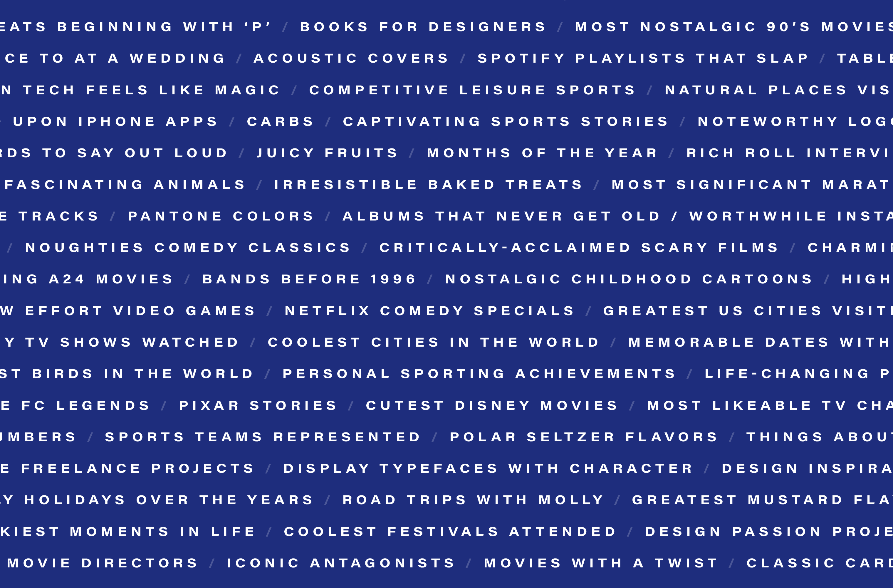 A dense marquee of Fave Fives list category names set in white capitals on a navy background