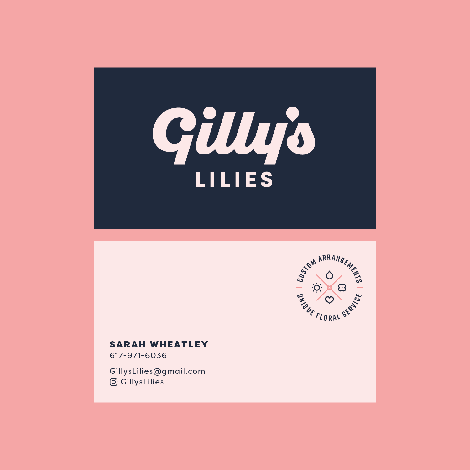 Gilly's Lilies business cards on a coral background