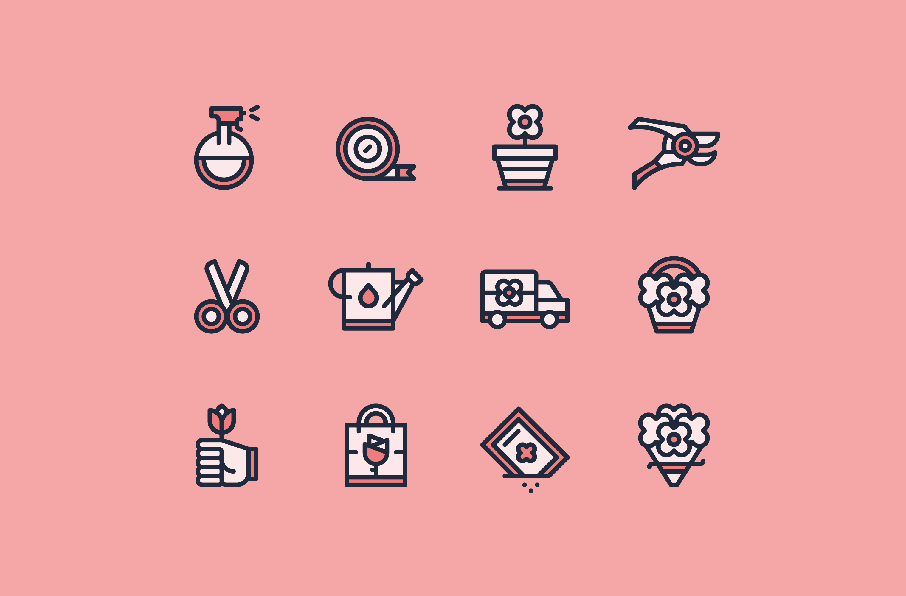 Gilly's Lilies floral icon set of tools, a watering can, a delivery van and bouquets on a coral background