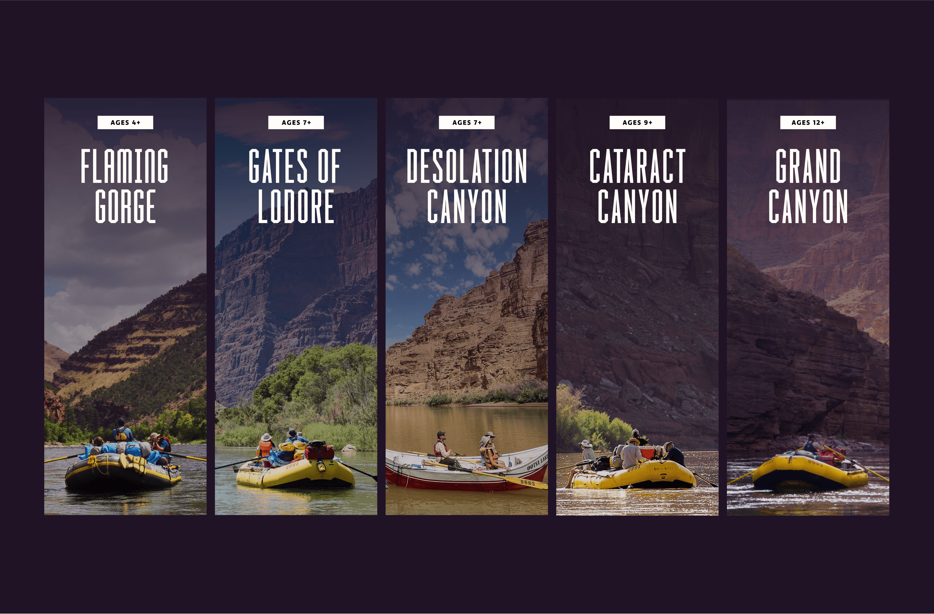 Five Hidden Canyons destination panels, Flaming Gorge, Gates of Lodore, Desolation Canyon, Cataract Canyon and Grand Canyon, with recommended ages