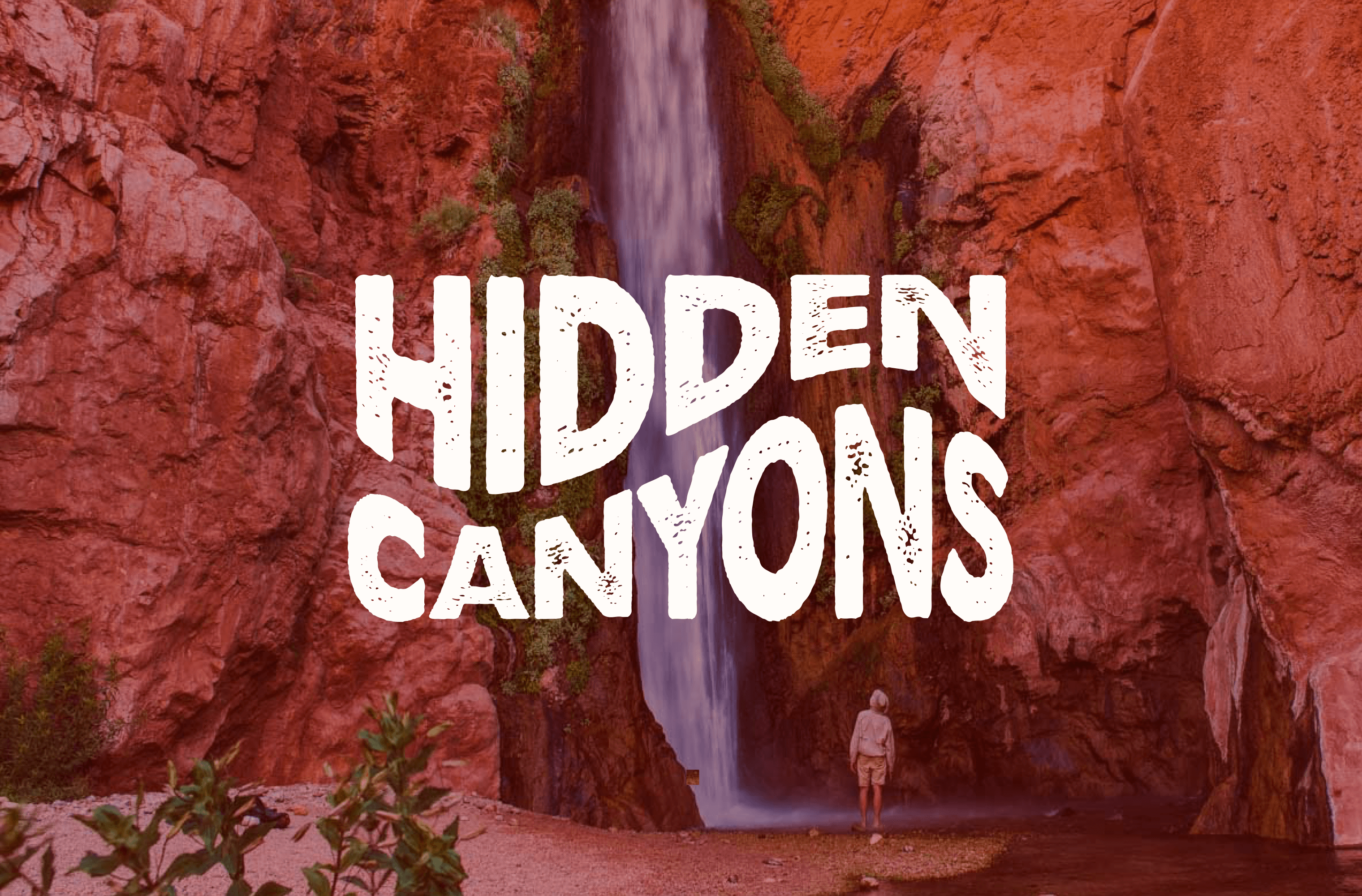 Hand-lettered Hidden Canyons logo over a red-rock canyon waterfall