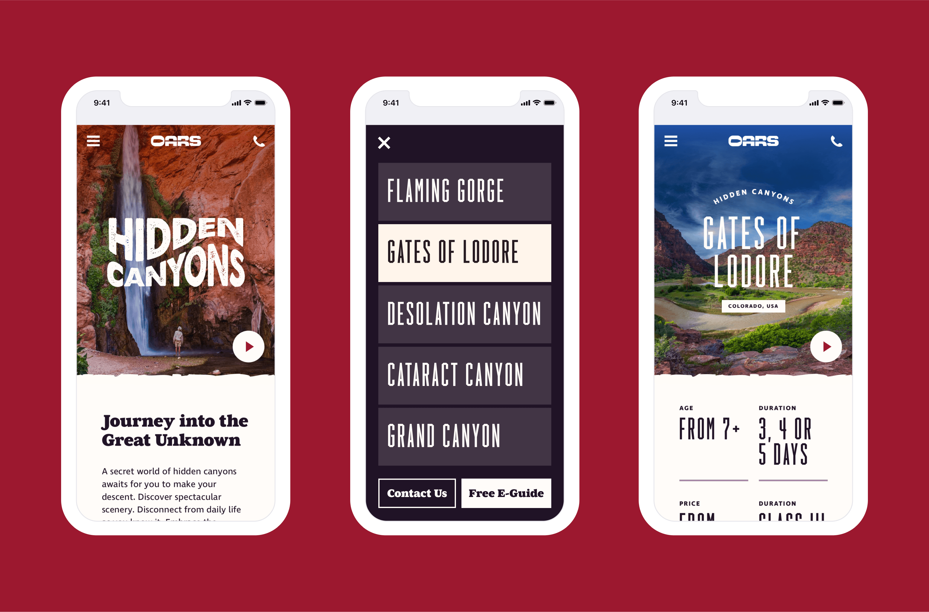 Three mobile screens of the Hidden Canyons microsite on a red background
