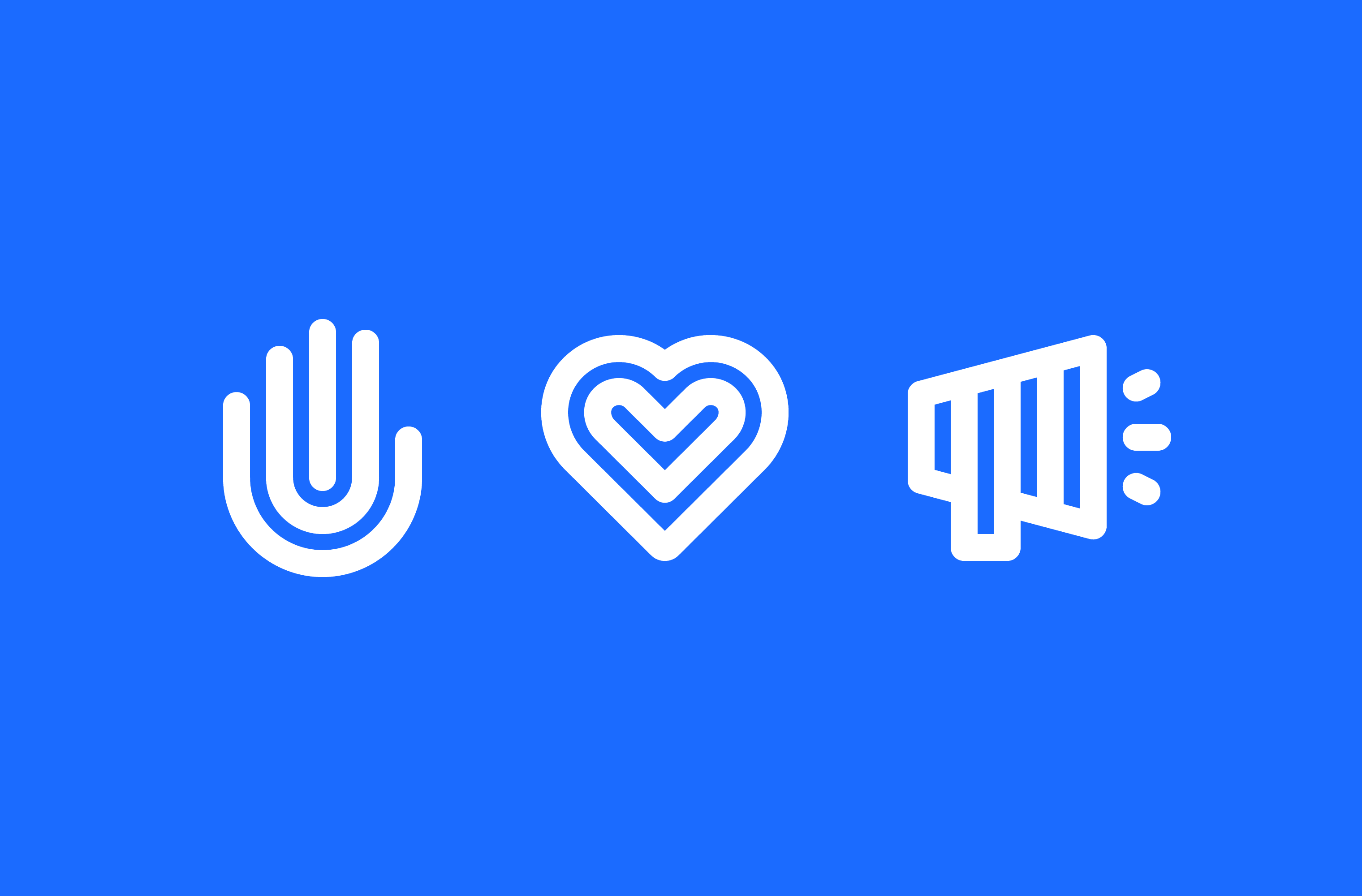 White Heading Home icons for a hand, a heart and a megaphone on a blue background