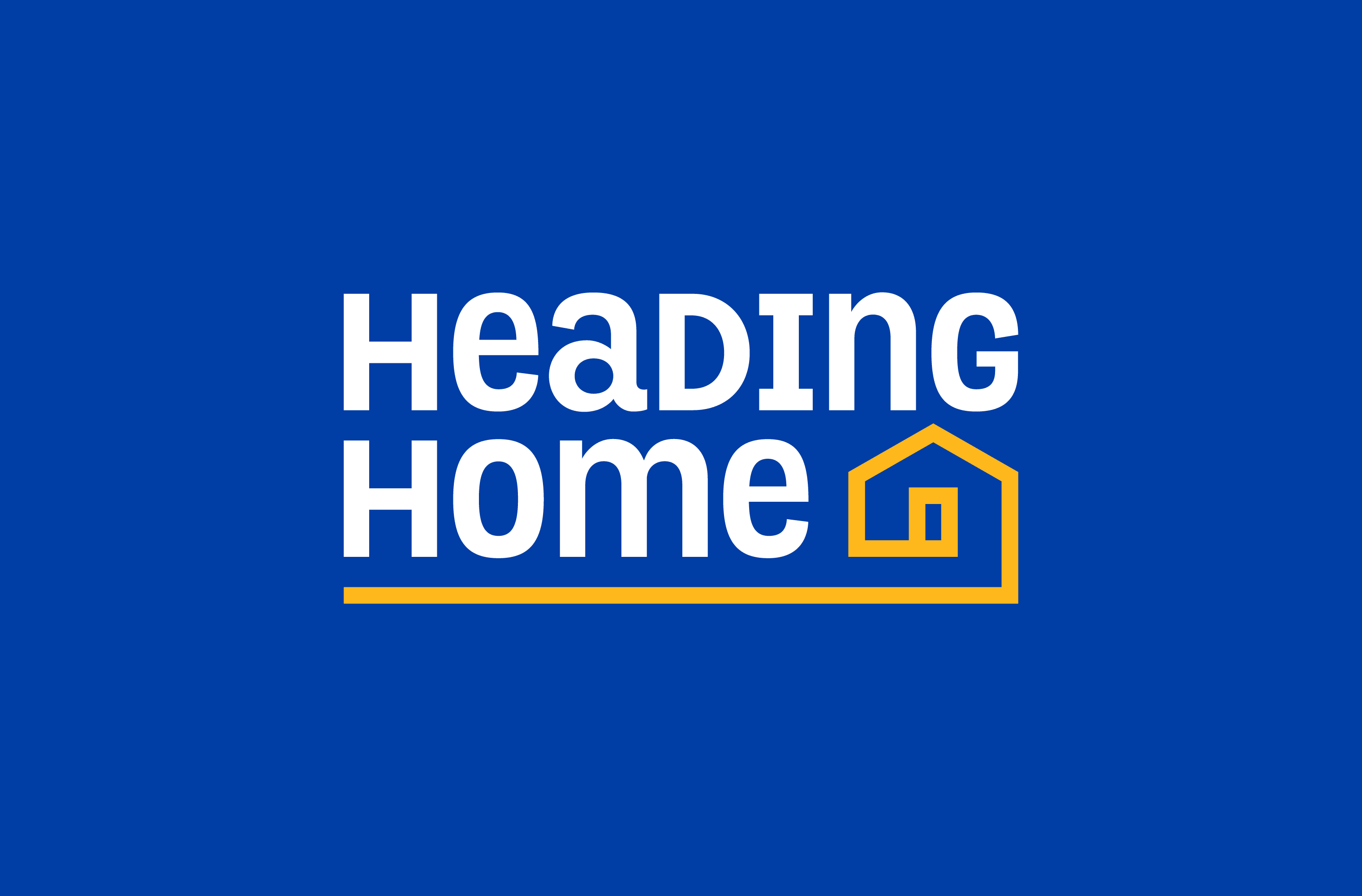White and yellow Heading Home logo on a blue background