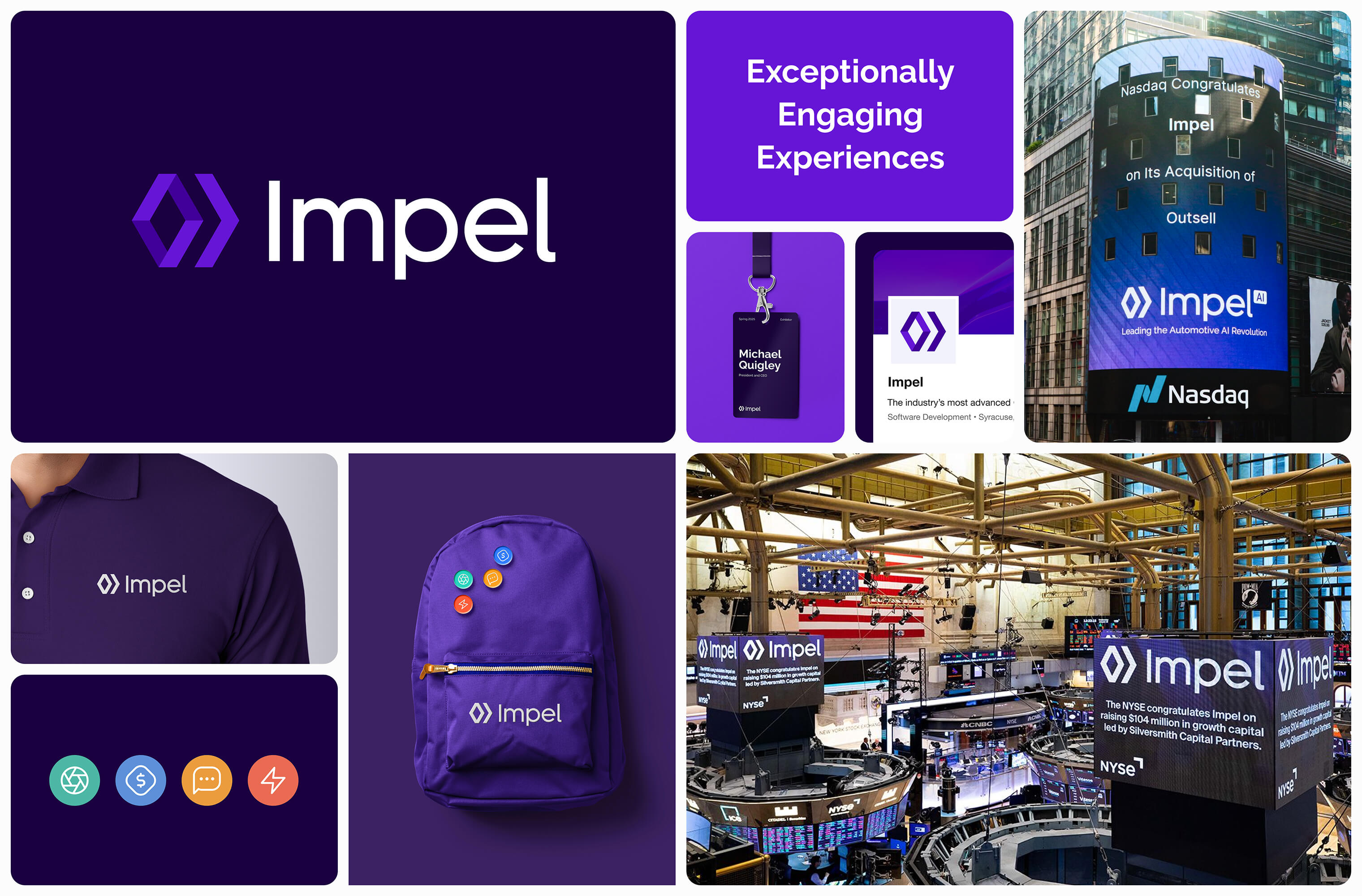 A bento layout of Impel brand applications including apparel, a backpack, event badges and Nasdaq and NYSE features