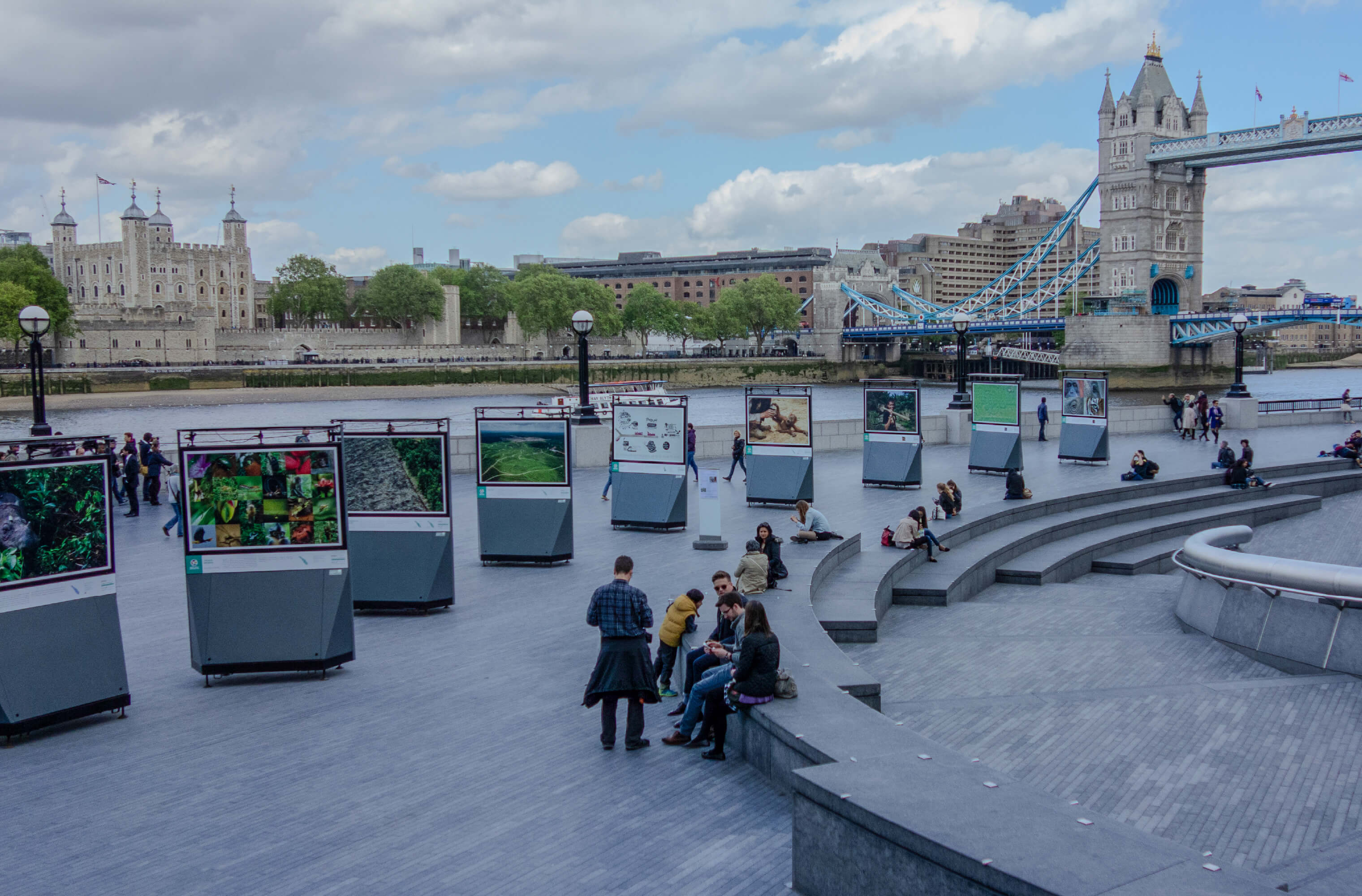 The Spotlight Sumatra outdoor exhibition on the Thames near Tower Bridge in London
