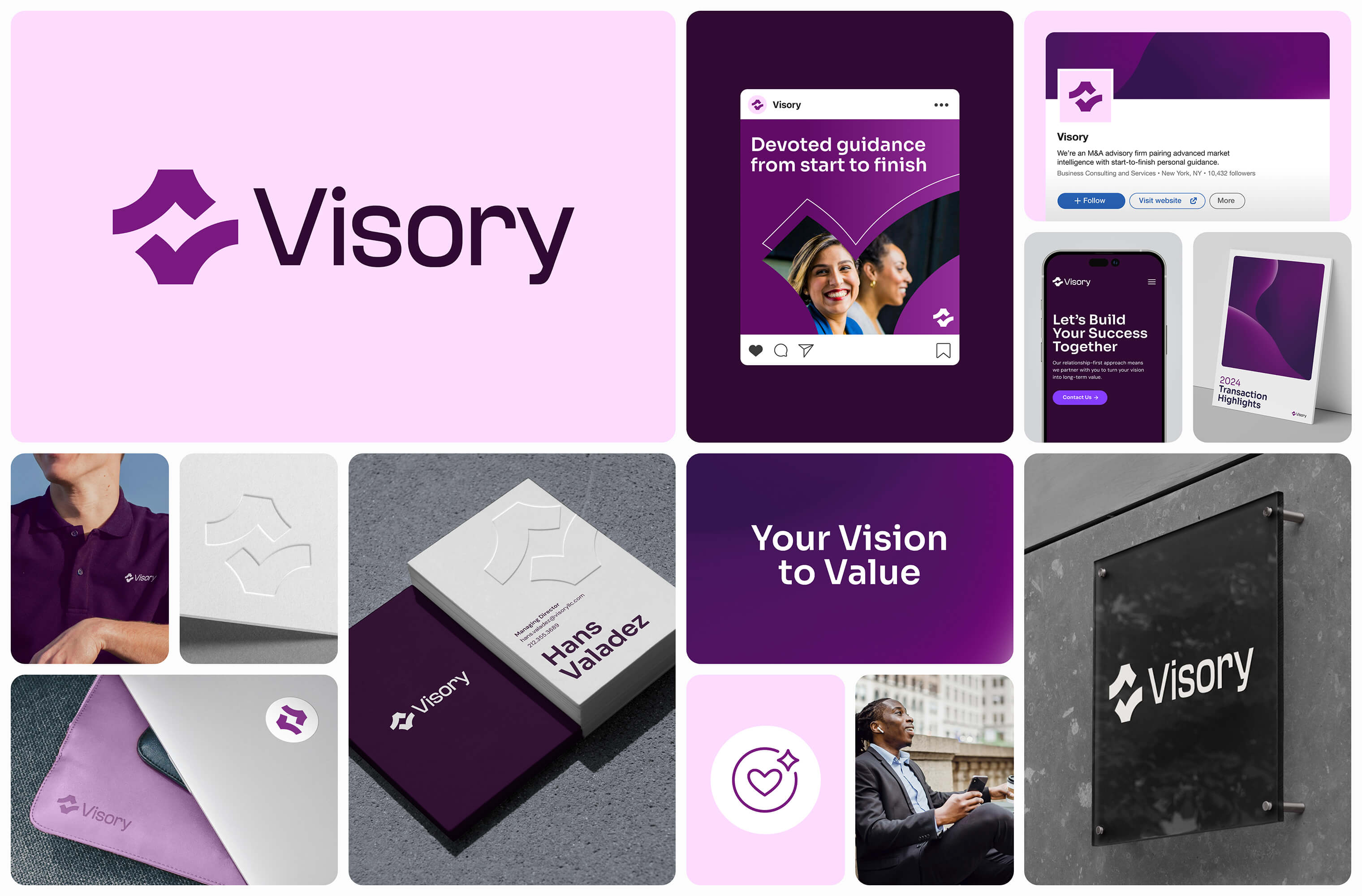 A bento layout of Visory brand applications including social posts, business cards, apparel, signage and the 